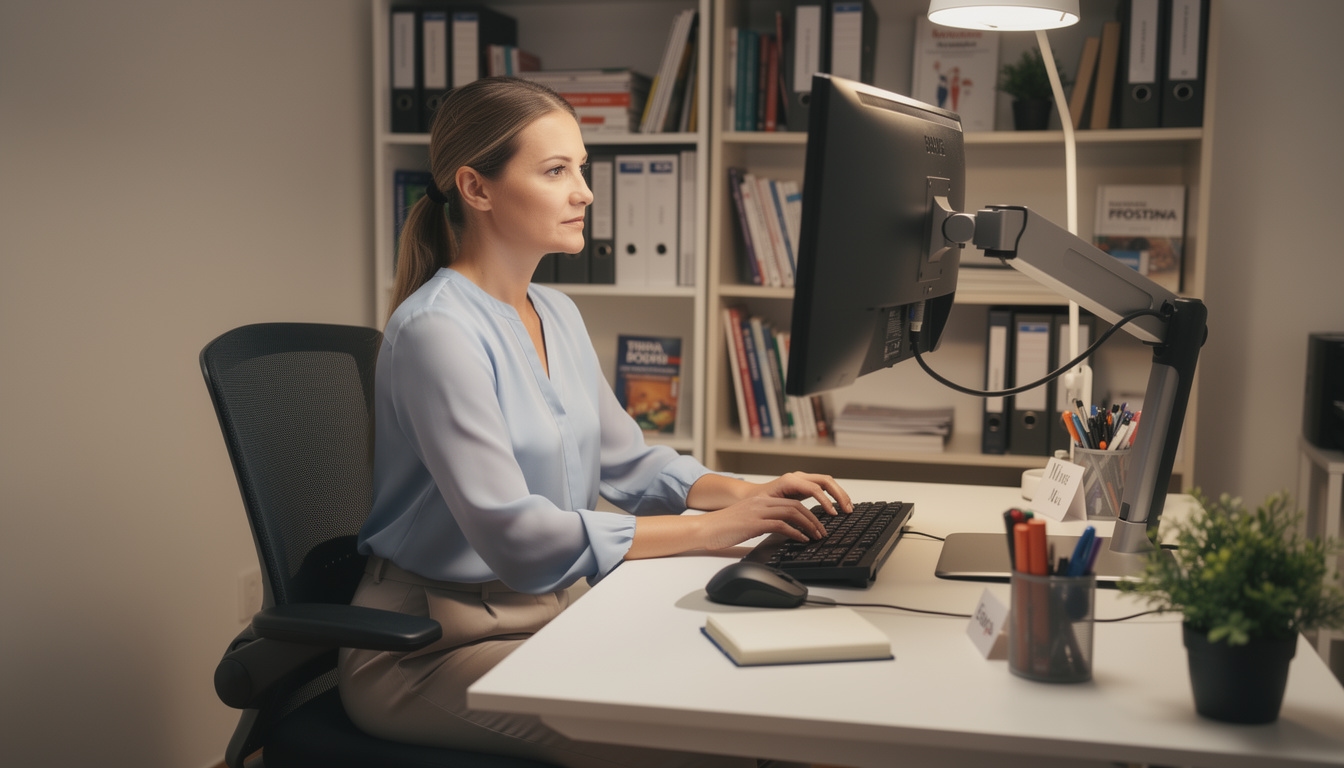 Ergonomiczne stanowisko pracy z prawidłowo ustawionym monitorem i krzesłem